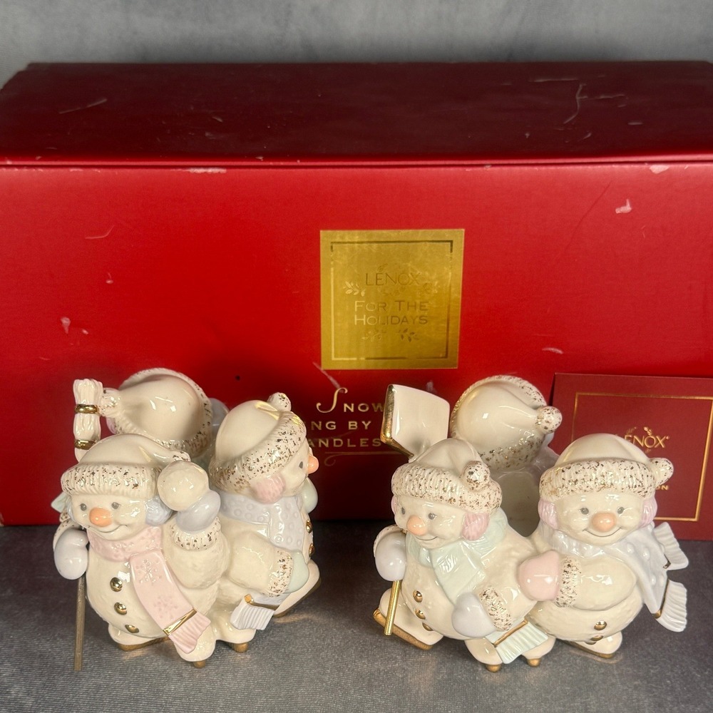 Lenox Snowlight Skating by Candlelight Snowmen Candlestick Pair w/ Box